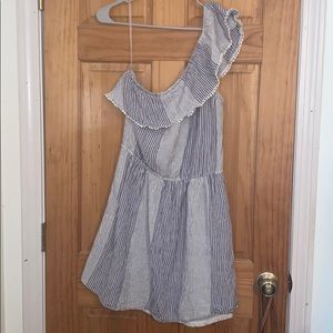 One shoulder blue and white striped dress